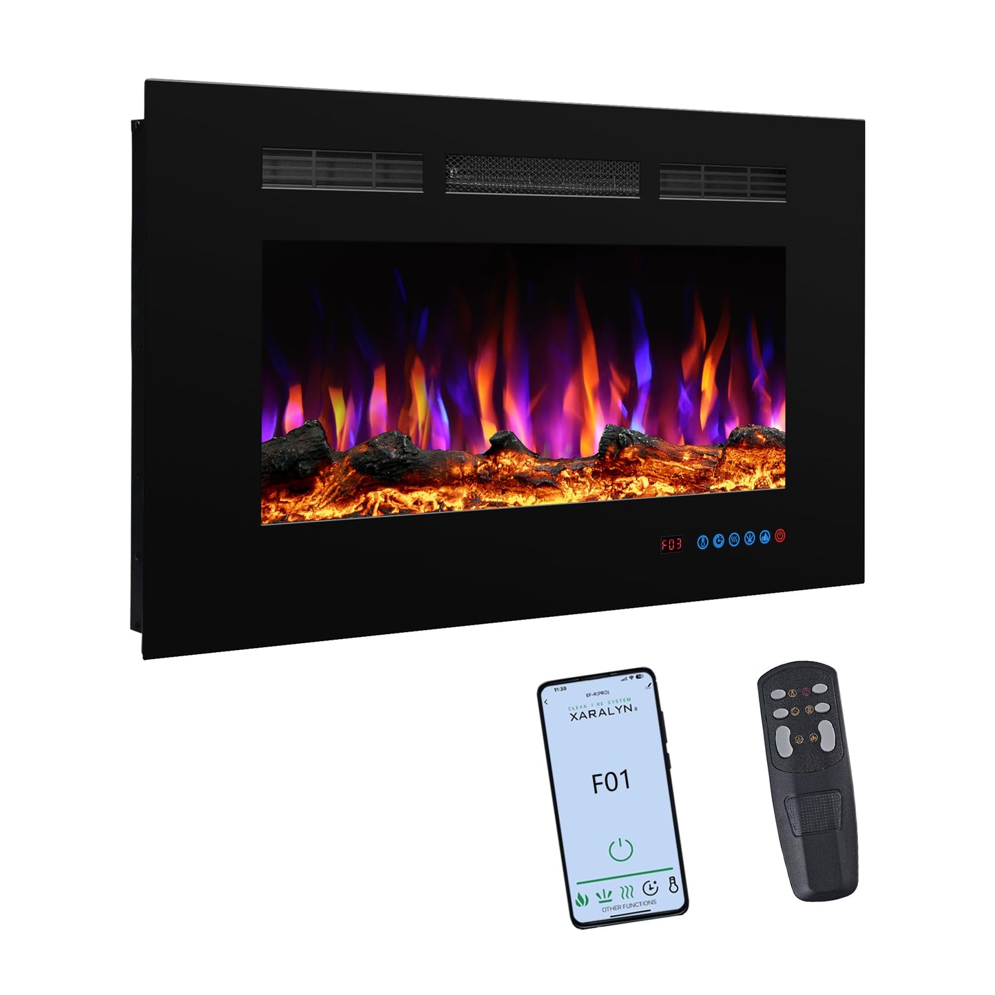 Valuxhome 36" Electric Fireplace, WiFi App Control, Wall-Mount & Recessed, 3 Flame Colors, 5 Brightness, Overheating Protection, Touch Screen, 750/1500W,Timer,Hard-Wire