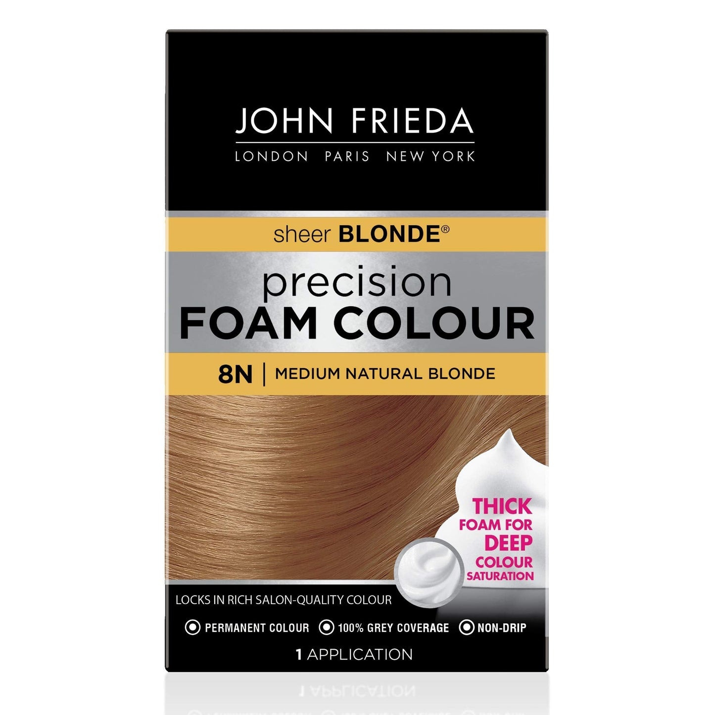 John Frieda Precision Foam Colour, Medium Natural Blonde 8N, Full-Coverage Hair Color Kit, Anti-Fade Gray Coverage, Deep Color Saturation Hair Dye, 1 Application