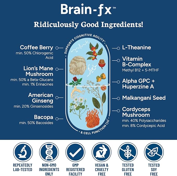 Brain-fx™ Nootropic Brain Energy Memory & Focus Supplement, Lions Mane Extract, L Theanine, Methyl B12 5MTHF B Complex, Alpha GPC Choline, Bacopa Monnieri, Ginseng, Cordyceps, Huperzine A BDNF Factor
