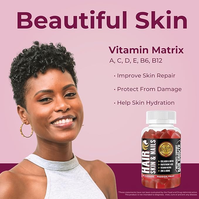 Grab The Gold Hair Skin & Nails Gummies Vitamins with 6000mcg Biotin + Collagen + 10 Vitamins & Minerals, Gluten-Free, Passion Fruit Flavor (1 Bottle = 1 Month Supply)