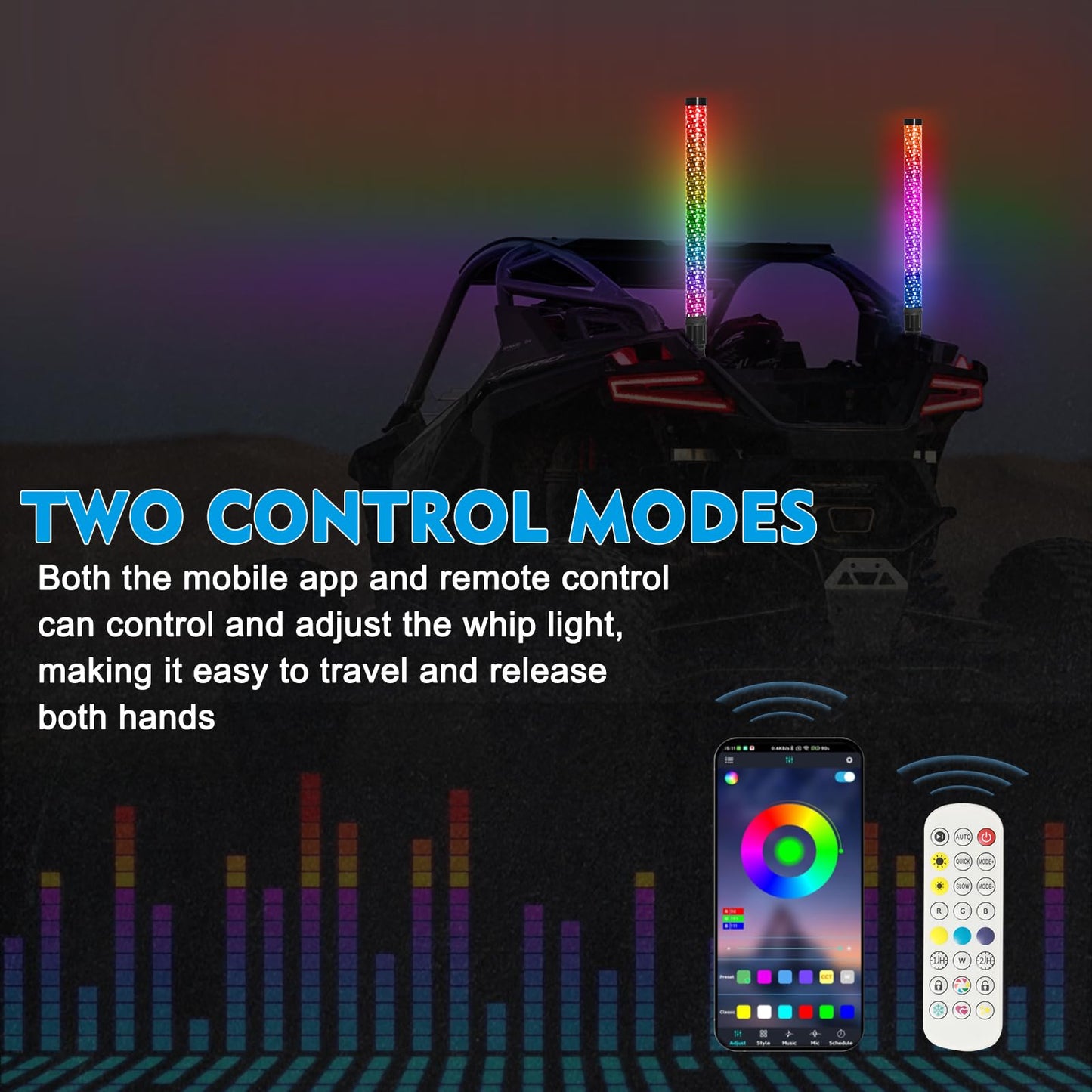 2PCS 2FT Fat LED Whip Lights with Spring Base,ATV Whip Lights with APP & Remote Control RGB Chasing Lighted Antenna Whips for UTV, Truck, Dune Buggy