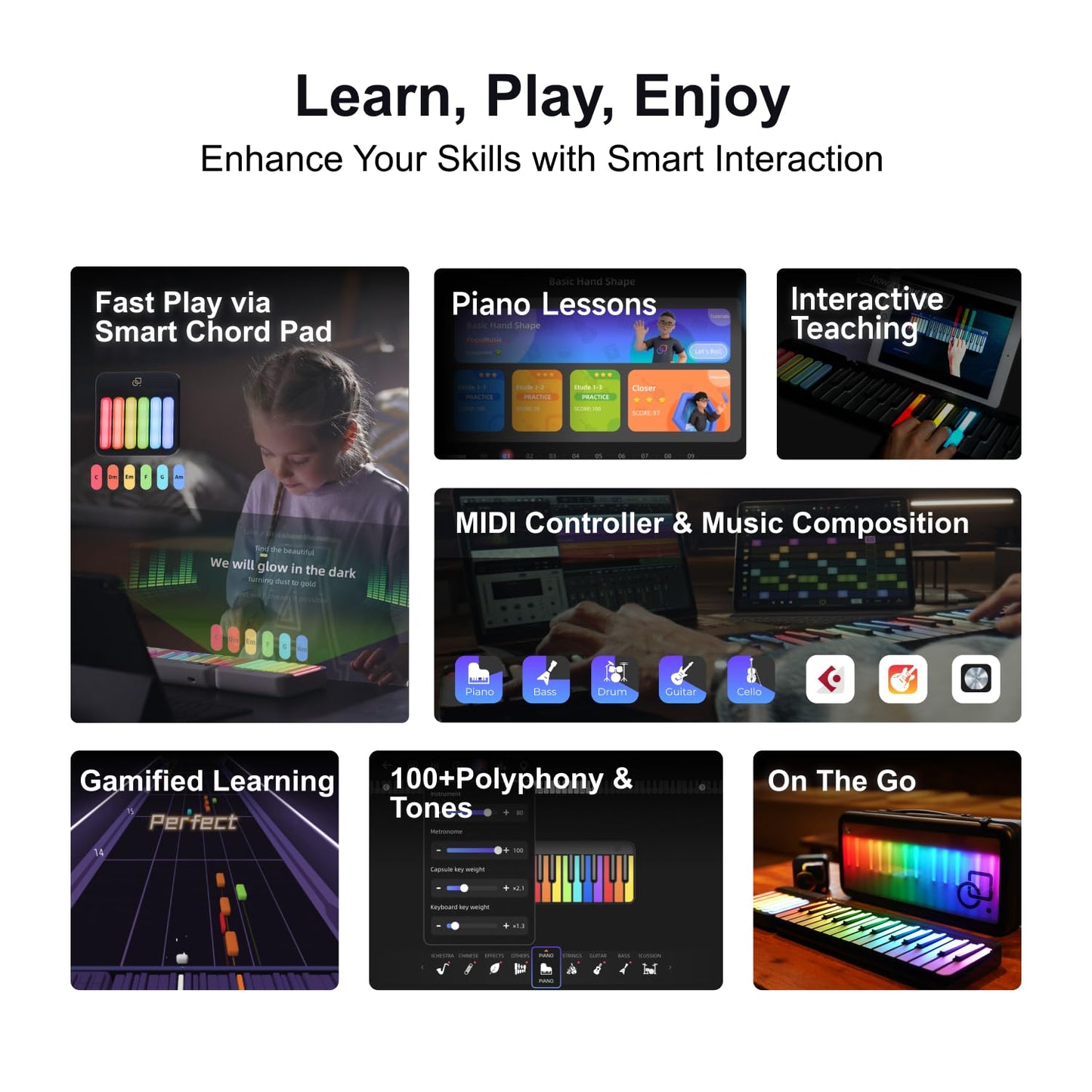 PopuPiano 24‑Key Expandable Smart Portable Modular Keyboard Extension Accessory (Requires Base Kit) RGB LED Keys One‑Man Band Mode MIDI & Bluetooth LE Compatible AI Composition 100+ Instrument Voices