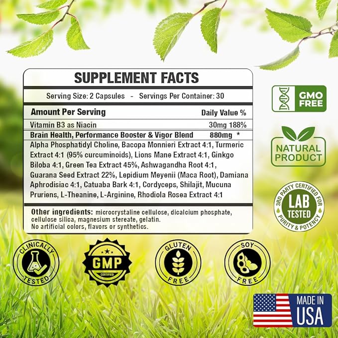 Brain Supplements for Memory & Focus - Nootropic Brain Health - Cognitive Performance, Clarity, Energy, Mental Vigor, Shilajit - Alpha Choline, Lion's Mane, Bacopa, 18 Premium Ingredients