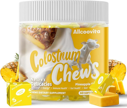 Bovine Colostrum Chews Supplement with probiotics for Gut Health, Bloating, Immune Support, Skin, Hair Growth and Beauty - Pineapple Flavor (60 Servings)