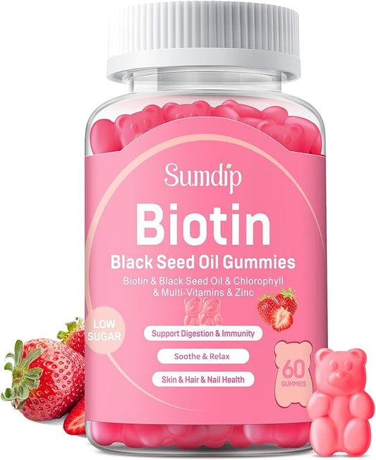 Black Seed Oil Gummies with Biotin, Immune Support Healthy Hair&Skin&Nails for Women and Men, Chlorophyll, Zinc, Vitamin A, B6, B12, C, D, E, Vegan Supplement - 60 Gummies