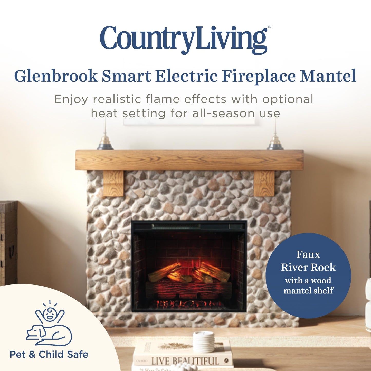 Country Living - Glenbrook Fireplace Mantel Package, 28”, Alexa/WiFi Enabled Fireplace Insert, Cast Stone River Rock Surround, 1500W