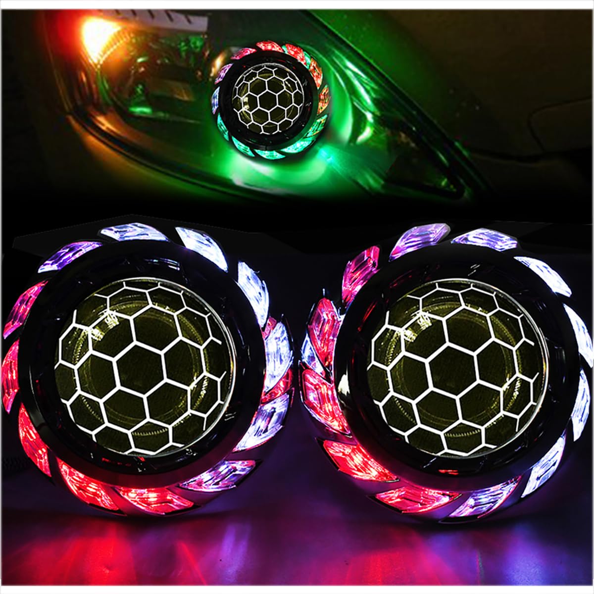 YUFANYA 2.5 inchs Honeycomb Blue Lens,Mini Bi-xenon Projector Lens with 3.0inch RGB Shrouds Decoration,Universal for H1 H4 H7 9005 9006 Vehicle Motorcycle (Sliver)