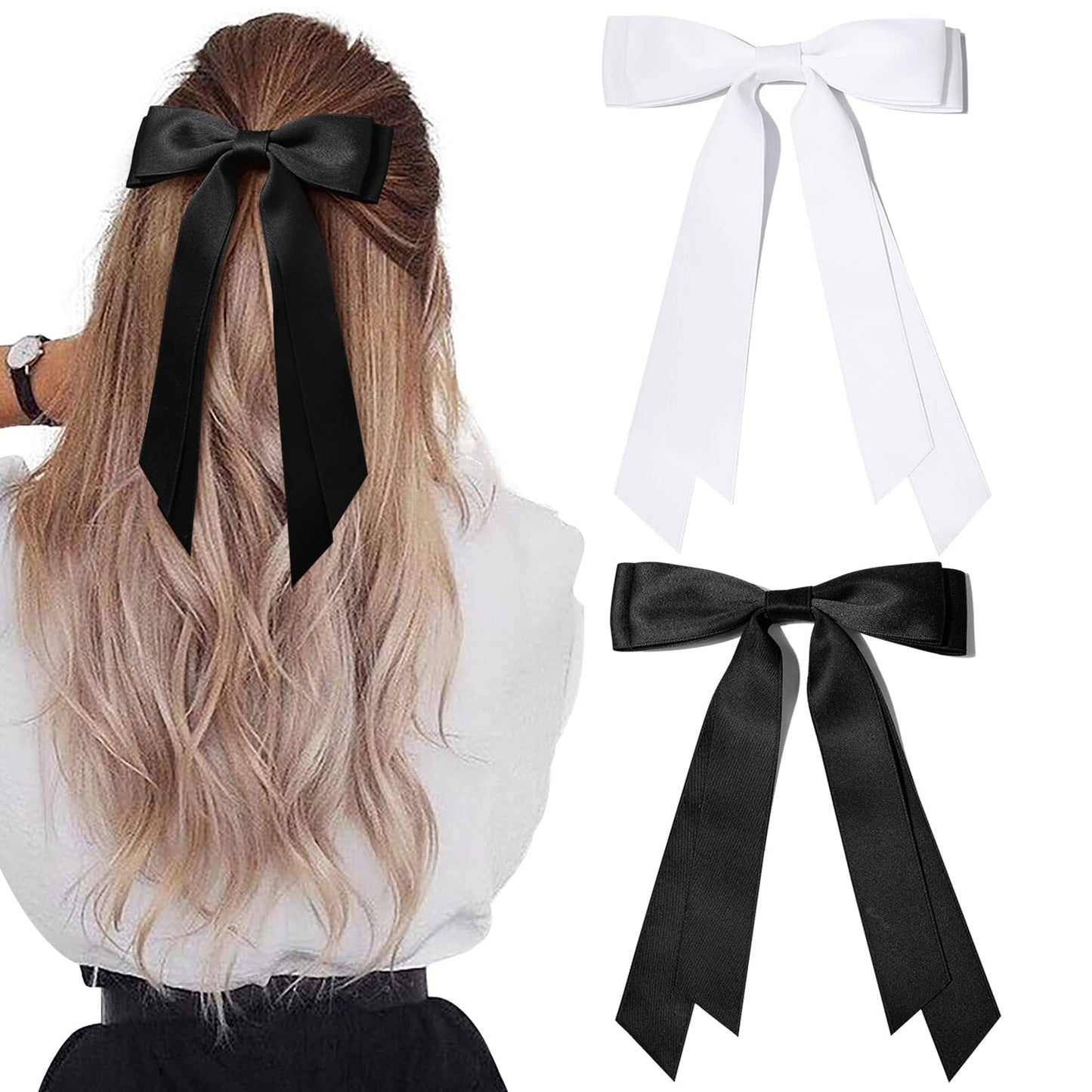 2PCS Silky Satin Hair Bows Hair Clip Black White Hair Ribbon Ponytail Holder Accessories Slides Metal Clips Hair Bow for Women G