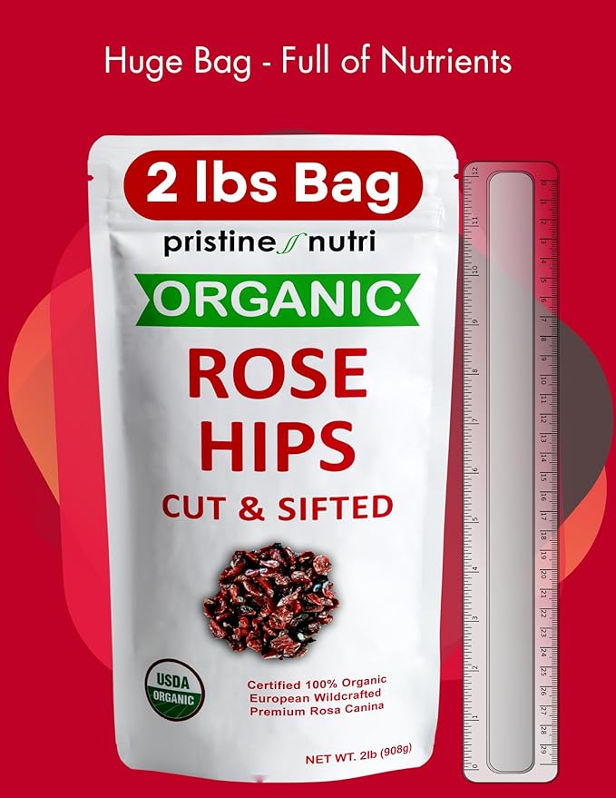 2 lb (32 oz) Rose Hips Dried Organic Bulk, Organic Rosehips Cut & Sifted, 95% Seedless, European All Natural, Rosehips Dried Organic Bulk, Makes 140 Cups of Vitamin C Rich Tea (packaging may vary)