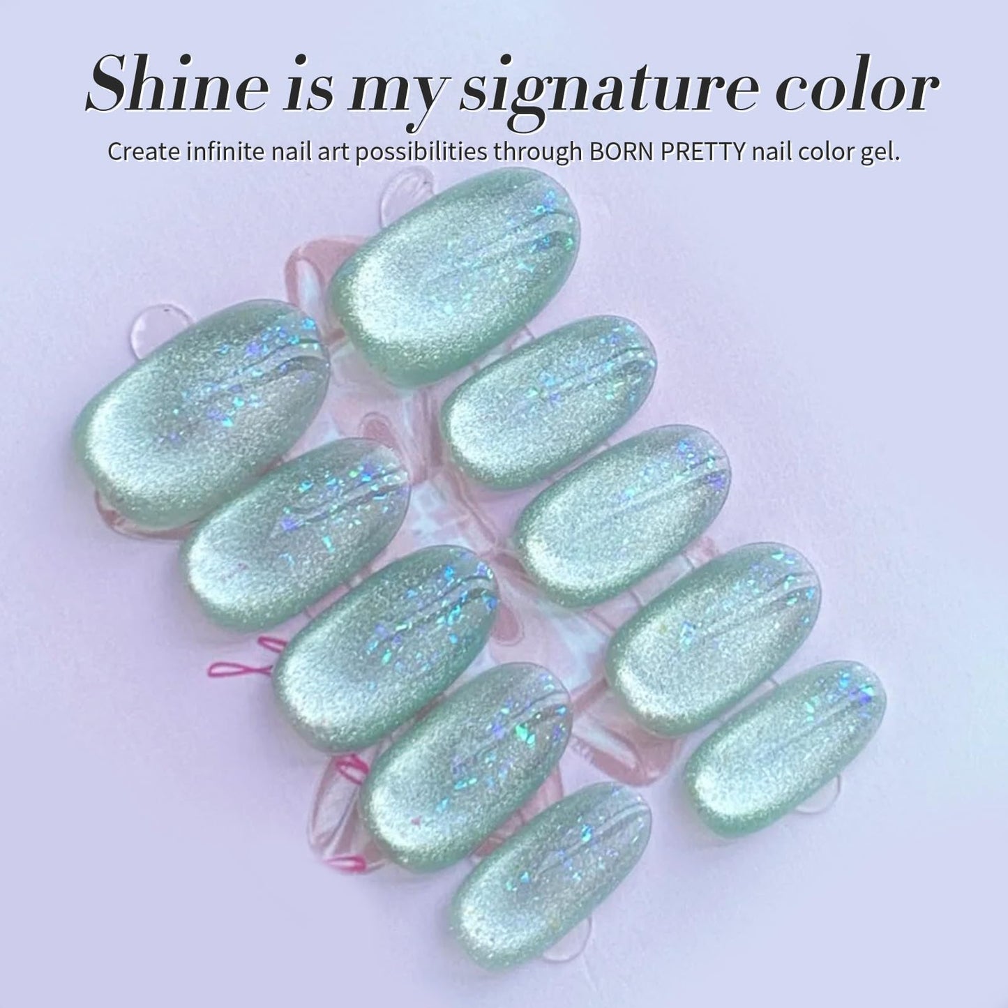 BORN PRETTY Green Cat Magnetic Eye Gel Nail Polish Shimmer Glitter Flakes Holographic Aurora Mint Green Magnetic Gel Polish Nail Art Manicure DIY at Home 15ML