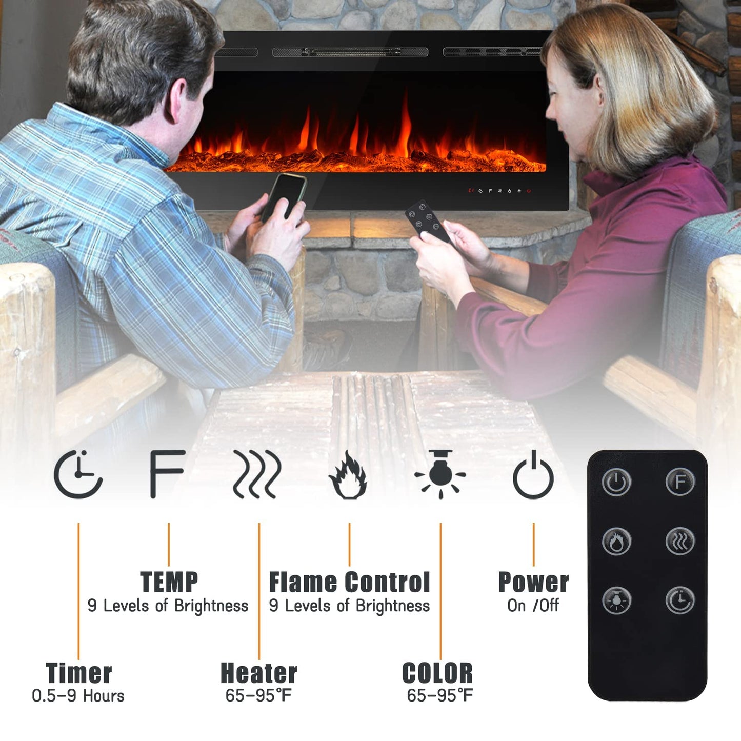 CharaVector 70 inch 750W/1500W Electric Fireplace Inserts with Remote Control in Wall Mounted, Energy Saving LED Insert Fireplace Heater Indoor Glass View with Remote Control & Touch Screen, Black