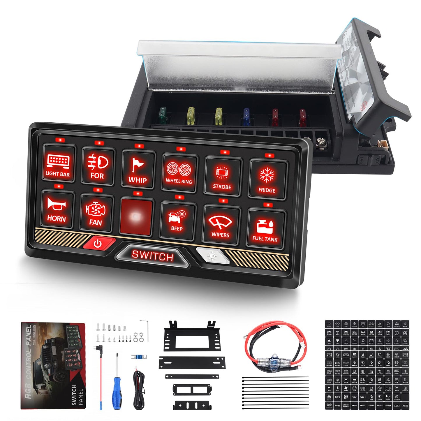 Chelhead 12 Gang Switch Panel RGB Acc Battery Control Control Toggle Momentary Pulsed Switch for Led Light Bar Pods Compatible with Truck Offroad UTV ATV Car Marine 12V 24V