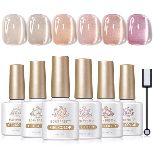 Born Pretty Cateye Jelly Gel Nail Polish Set - Toxic-Free, With Megnetic Kit, Long Lasting, 6Pcs In One Pack