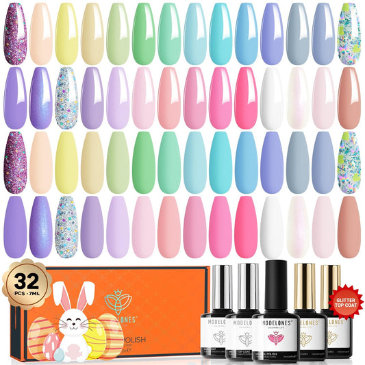 modelones 32 PCS Spring Gel Nail Polish Set, 28 Colors Easter Pastel Gel Polish with No Wipe Base Coat, Glitter & Glossy & Matte Top Coat Maracon Colors Soak Off LED Nail Art Kit