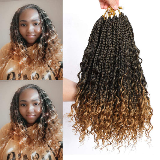 Box Braids Crochet Braids Curly Ends 14 Inch Goddess Box Braids Crochet Hair Synthetic Crochet Hair Extensions (14(8Packs), 1B/2