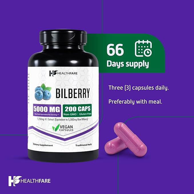Bilberry Extract 5000mg | 200 Veg Capsules | Extra Strength | Made in USA | Non-GMO| Gluten-Free