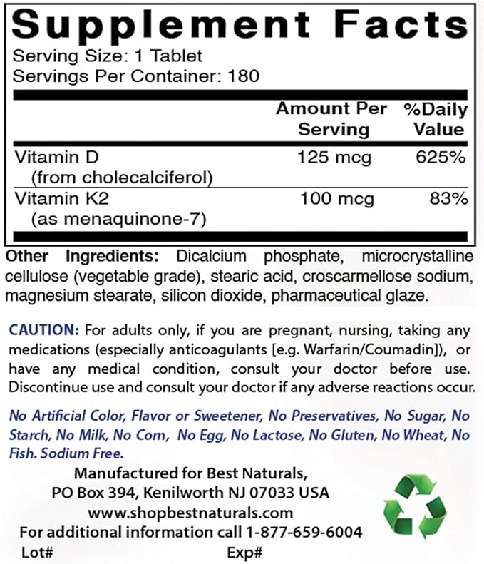 Best Naturals Vitamin K2 (MK7) with D3 & Magnesium Glycinate 425 mg