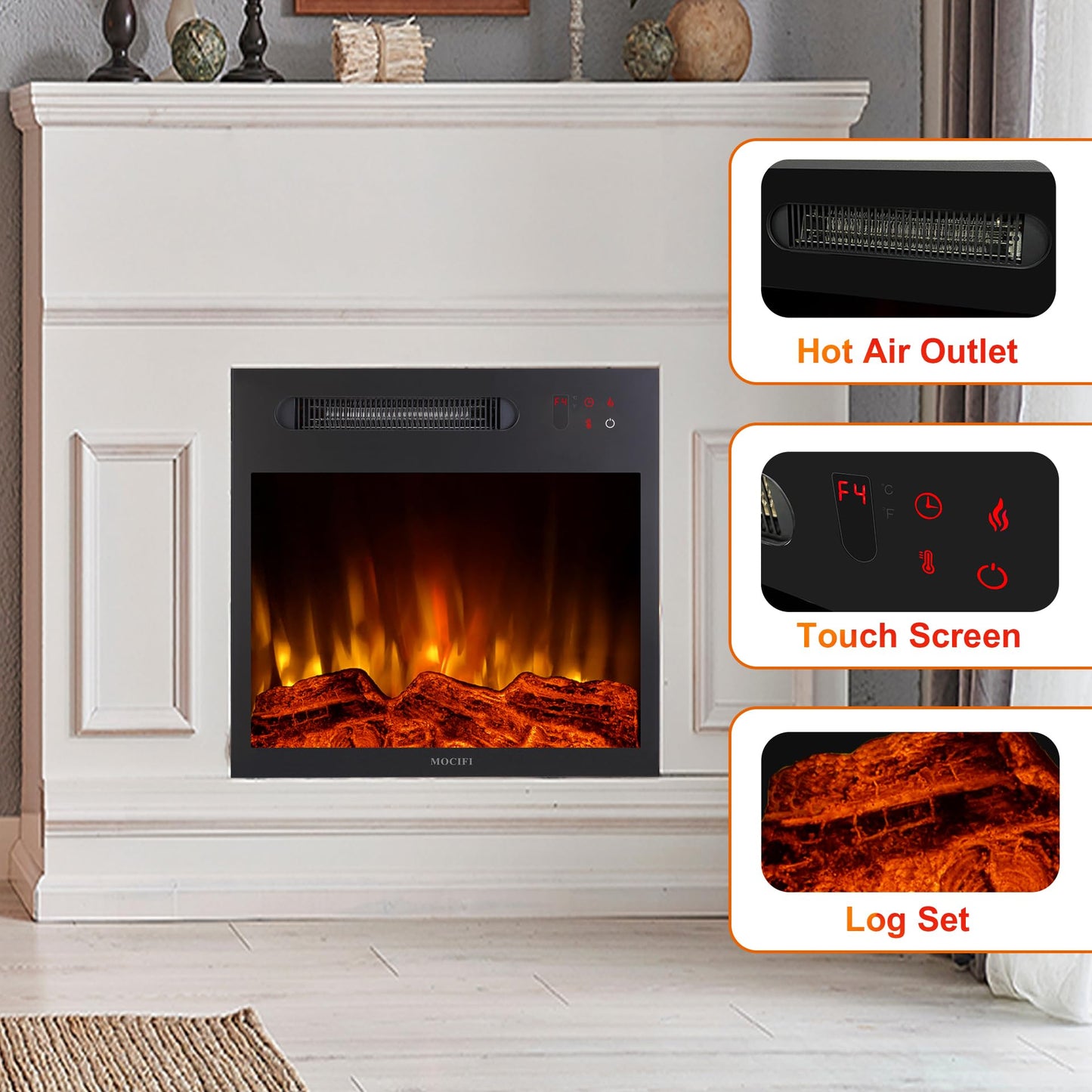 MOCIFI 18 inch Built-in Electric Fireplace Insert Heater, Recessed Freestanding Fireplace, Remote Control, Touch Screen, Adjustable Flame Brightness Speed, Low Noise, 1000W, Black
