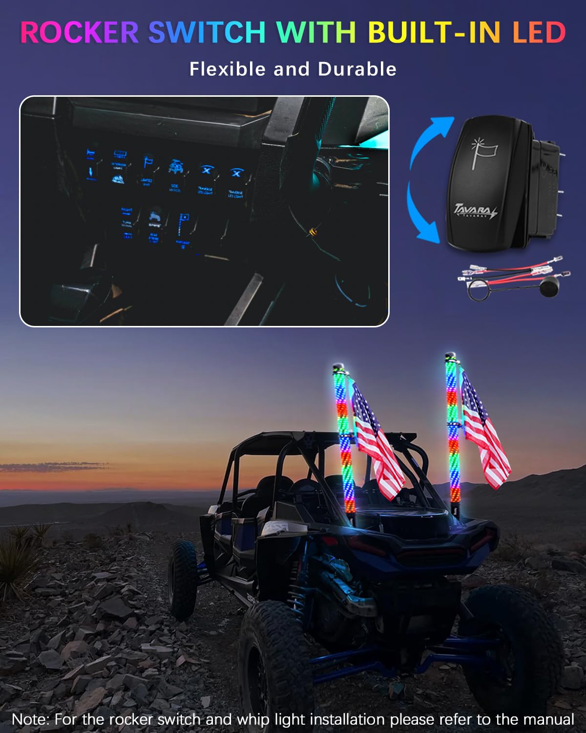 Tavaray 2PCS 3FT Fat Whip Lights – Spiral RGB Chasing Lighted Antenna Whips with Flag, Whip Lights for Side by Side UTV ATV RZR Can-Am X3, with App/Remote Control, Turn Signal & Rocker Switch