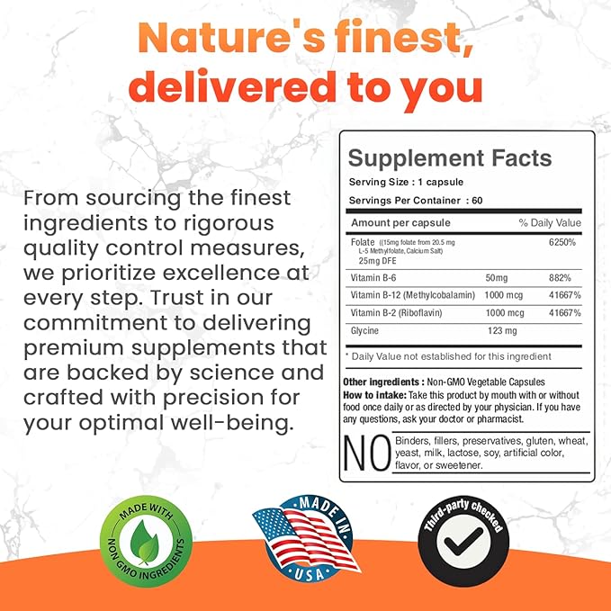 INVITA L-Methylfolate + B Balance (15mg) - 5-MTHF, B6, B2 & B12 Methylcobalamin B Complex - 60 Capsules - Professional Strength Active Methyl Folate - Non GMO, Gluten Free, No Fillers