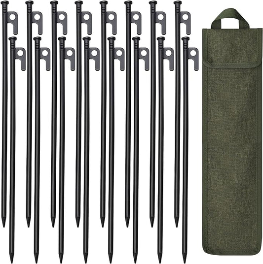 16 Pack Tent Stakes, 16in Tent Stakes Heavy Duty with Storage Bag, Forged Steel Tent Pegs for Camping Unbreakable and Inflexible(16pcs 16in Stakes)