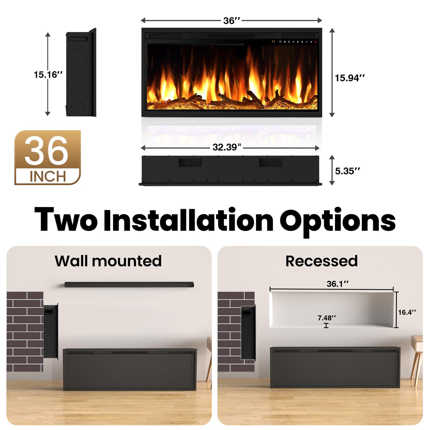 Riseon 36 Inch Electric Fireplace Heater, Recessed in-Wall and Wall-Mounted Linear Heater Fireplace,13 Adjustable Flame Color and 5 Brightness,Touch Screen & Remote Control,1500/750W, Black