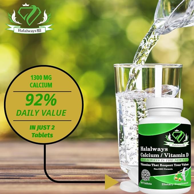 Halalways Calcium/Vitamin D Certified Halal Supplement Bone Health Support, with Calcium & Vitamin D, Dietary Supplement, Vitamin Supplements, for Men & Women, (650mg Calcium, Vitamin D 10mcg)