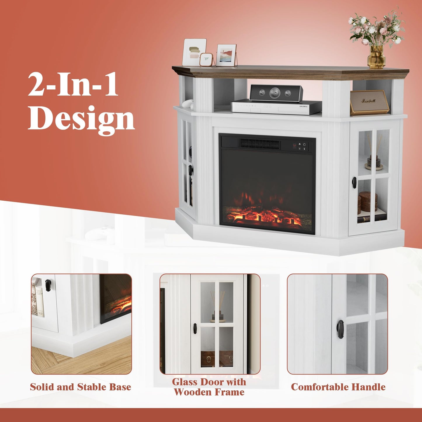 Furmax Fireplace Corner TV Stand for TV Up to 55 Inch, Modern TV Console with 18 Inch Electric Fireplace, Entertainment Center with Open Shelf and Storage Cabinets for Living Room, Antique White