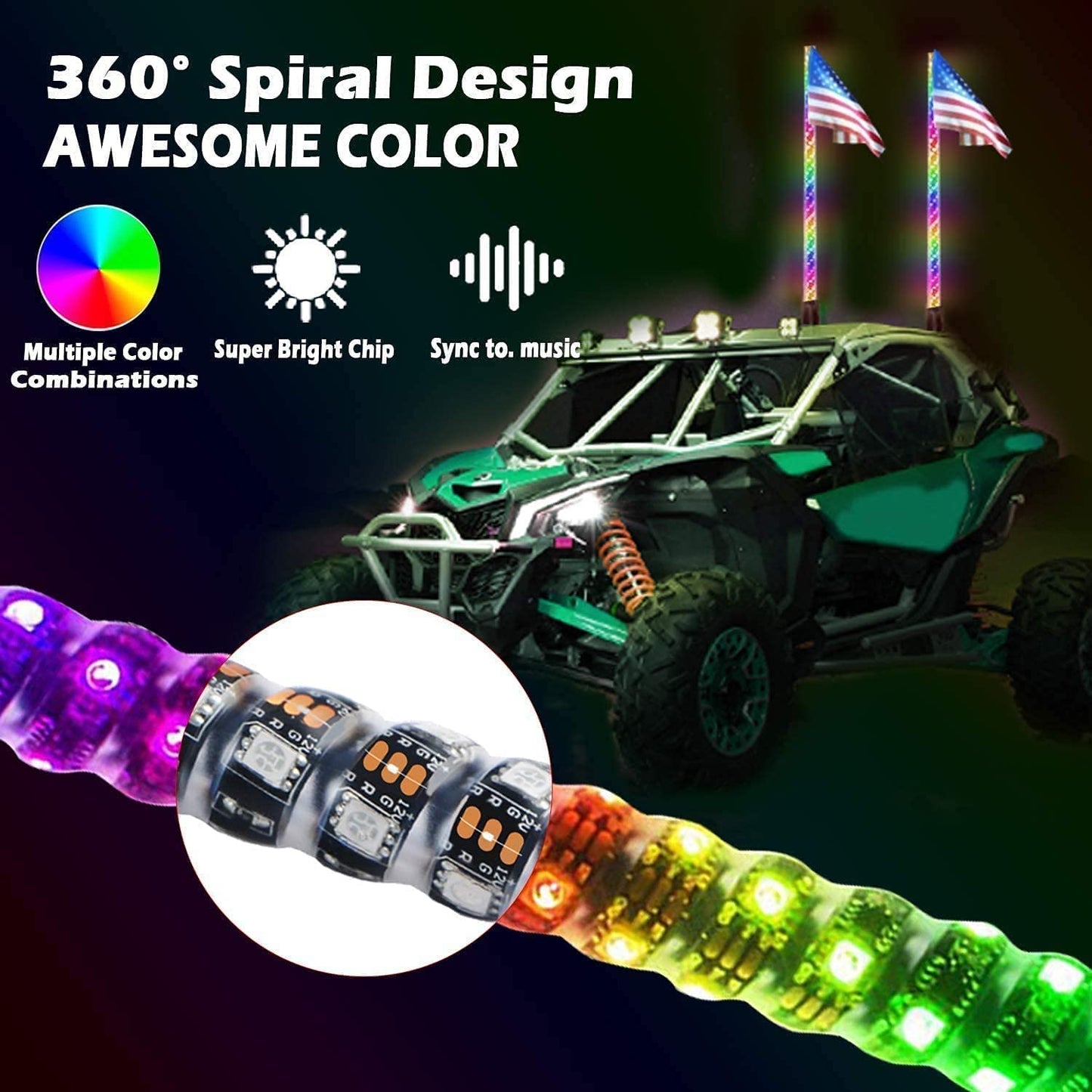 OHMU 2Pcs 3FT Led Whips and 3rd-Gen Rocks Lights Combo Bluetooth and Remote Control,Upgraded Higher Brightness 360° Spiral RGB Chasing Lighted Antenna Whips and Neon Pods