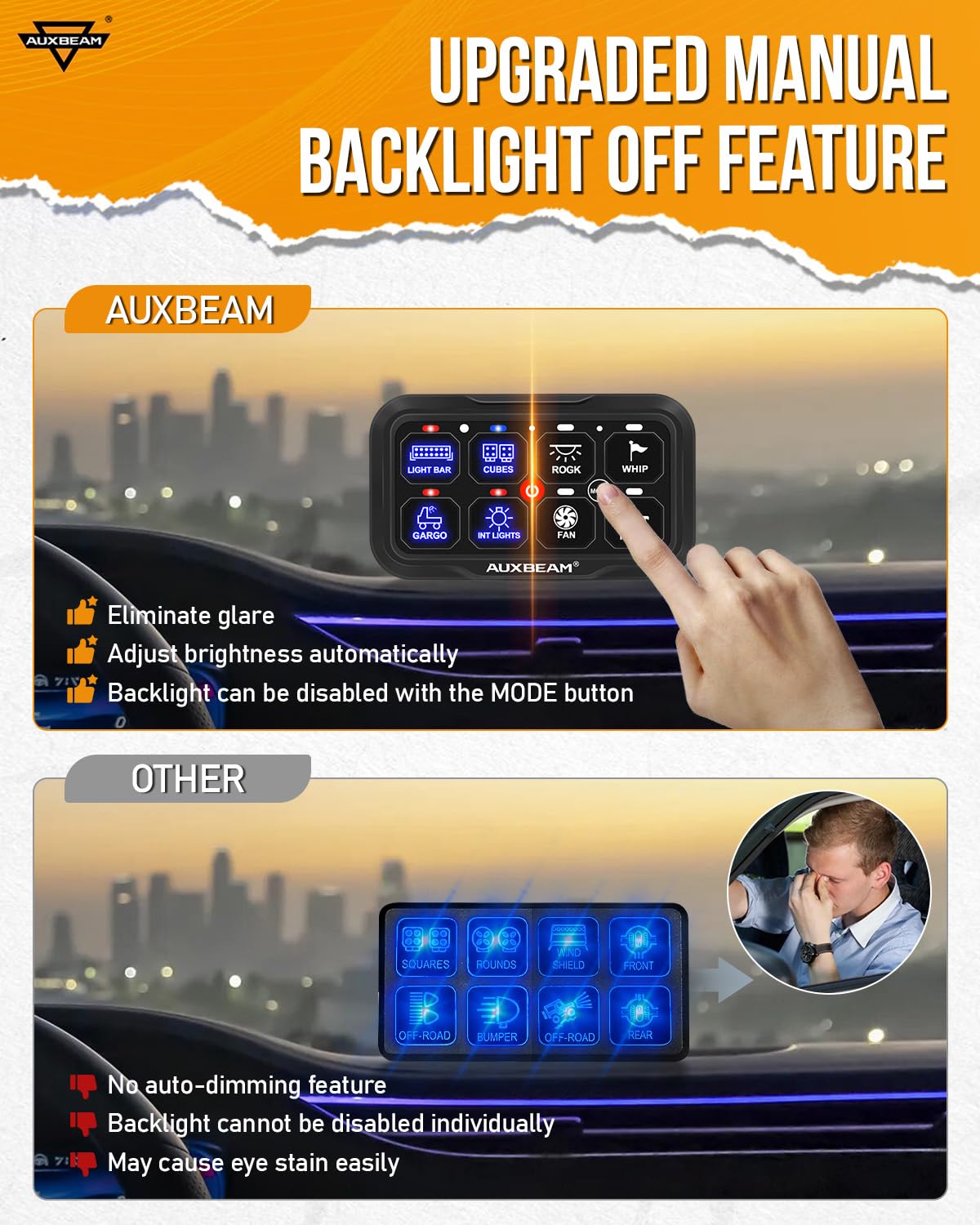 Auxbeam Switch Panel AR-800 Bluetooth 8 Gang Switch Panel RGB Switch Pod Backlit Manual Control w/Toggle Momentary Pulsed 12V-24V Panel Controller for Boat Car Truck RV UTV Waterproof 2-Year Warranty