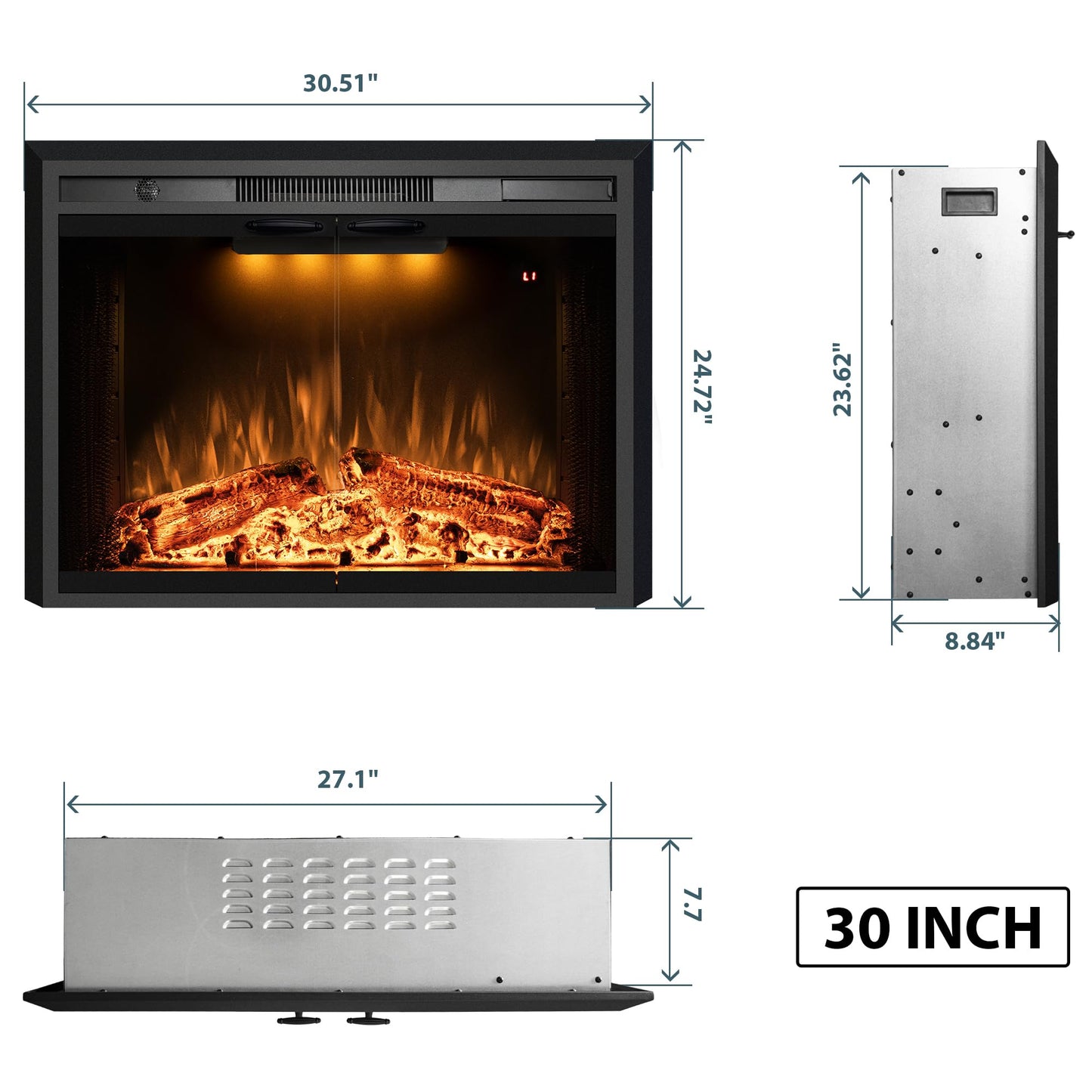 Benrocks 30” Electric Fireplace Inserts with Glass Door and Mesh Screen, Multicolor Flames & Fire Crackling Sounds, Timer, Overheating Protection Fireplace Heater, 750/1500W