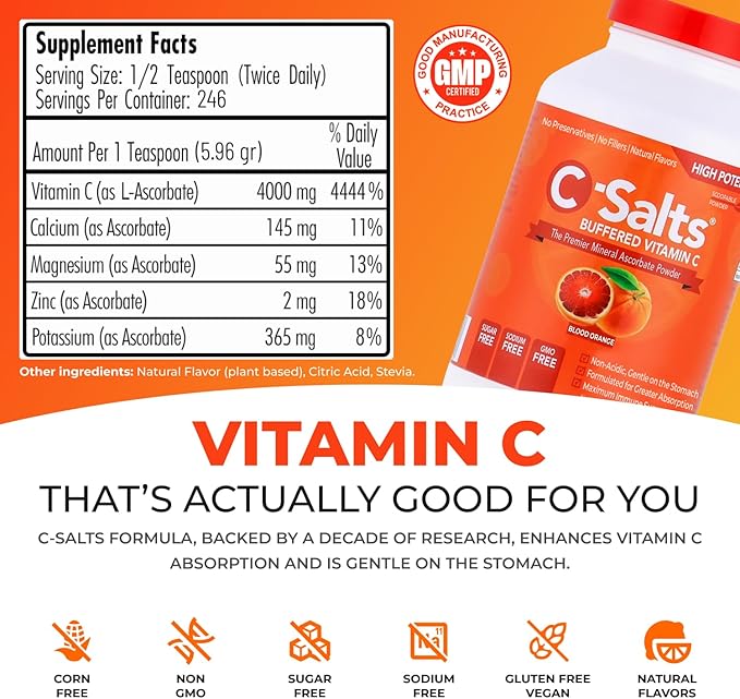 C-Salts Original Vitamin C Powder Supplement - 100% Pure High Dose Buffered Vitamin C Powder for Immune Support - Sugar-Free Powdered Drink Ascorbate, Organic, Stomach-Friendly, Blood Orange 26oz