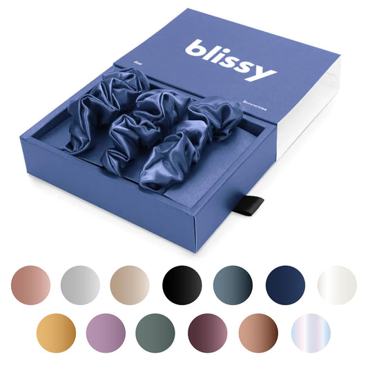 Blissy Silk Scrunchies (3 Pack) - 100% Pure Mulberry Silk - 22 Momme 6A High-Grade Fibers - Silk Scrunchie for Straight & Curly Hair - Preventing Breakage, Tangling, & Creasing (Blue Skinny)