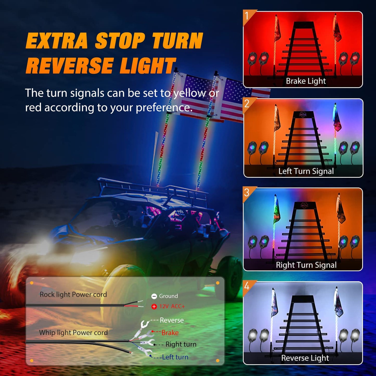 Nilight 2PCS 3FT RGB LED Whip Light and 4 PCS Rock Lights Combo, Remote & App Control w/DIY Chasing Patterns Stop Turn Reverse Safety Antenna Lighted Whips for ATV UTV