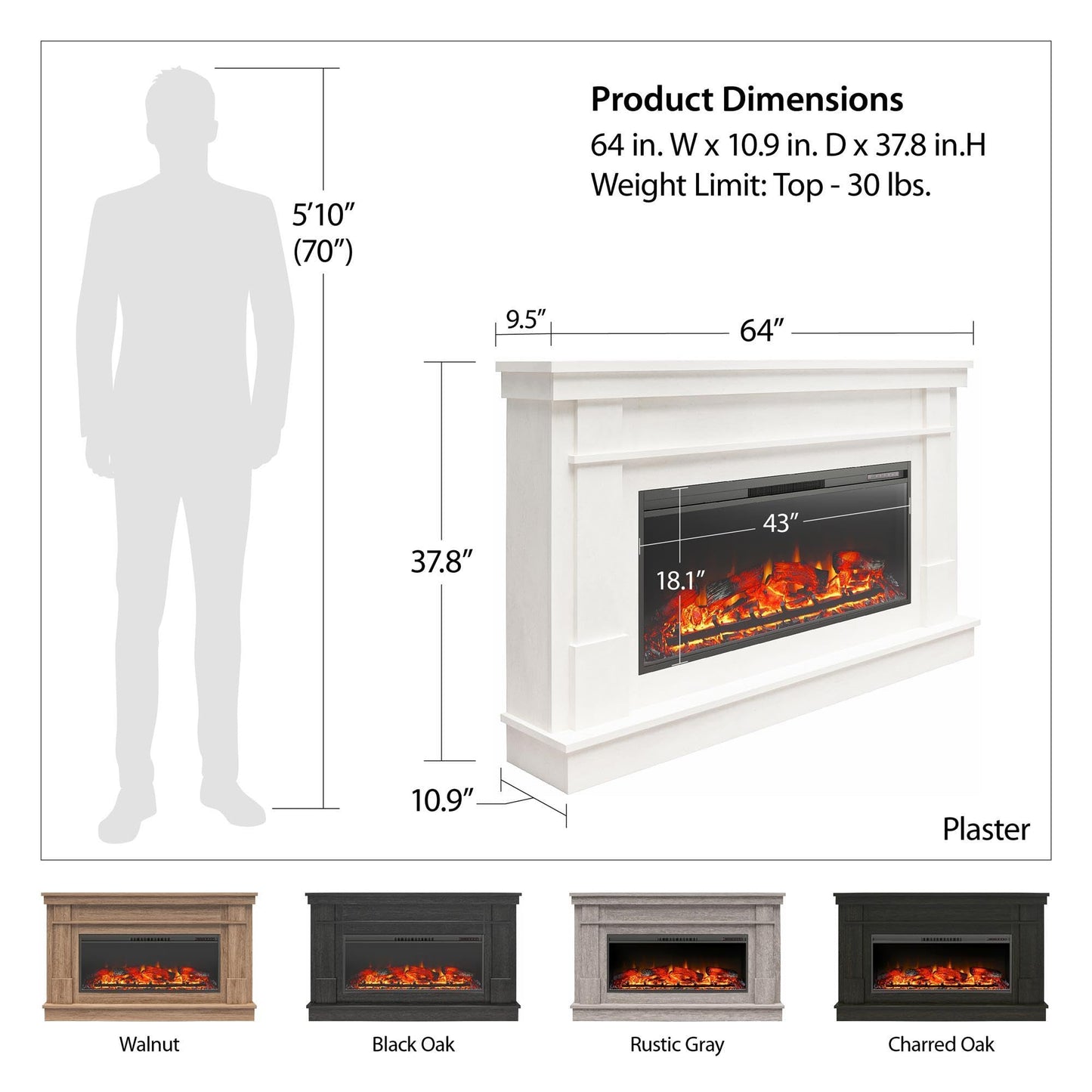 Ameriwood Home Elmcroft 64 Inch Electric Fireplace with Mantel, Replaceable Fireplace Insert Heater, Remote Control, Timer, Realistic Log and Flame Effect, for Living Room or Bedroom, Plaster