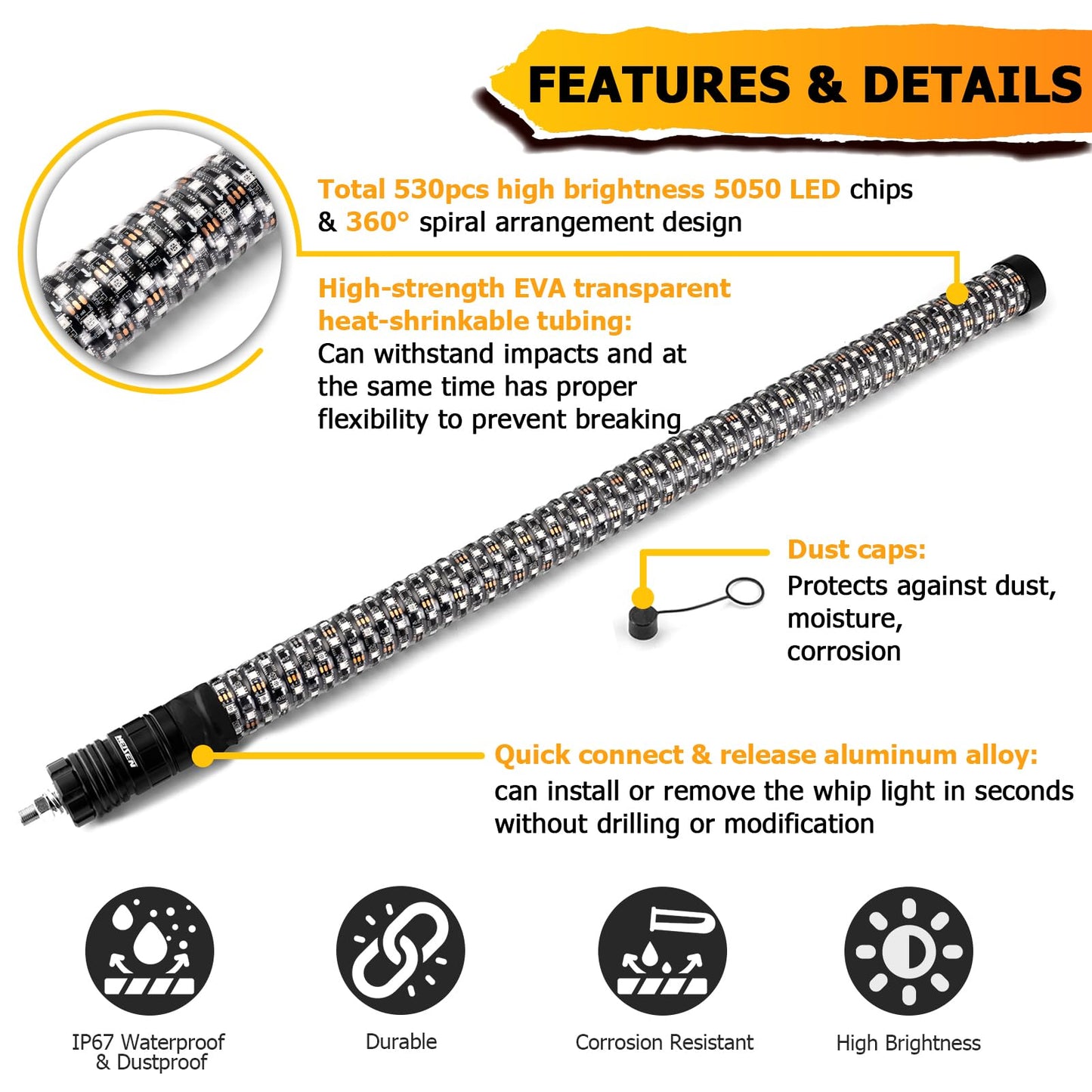 WeiSen 2PCS 3FT LED Whip Light w/Brake Turn Reverse Lights, RGB LED Antenna Spiral Light w/Plug & Play Adapter Compatible with Polaris RZR Maverick X3 UTV ATV Golf Cart Truck