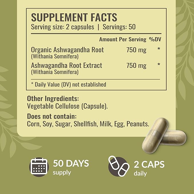HERBAMAMA Ashwagandha Capsules - 1500mg Pure Ashwagandha Root Focus Supplement - Vegan, Non-GMO Mood & Calm Support Supplement for Adults, 100 Caps