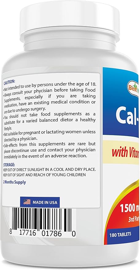 Best Naturals Calcium Magnesium with Vitamin D3 1500mg Serving 180 Tablets (180 Count (Pack of 1))