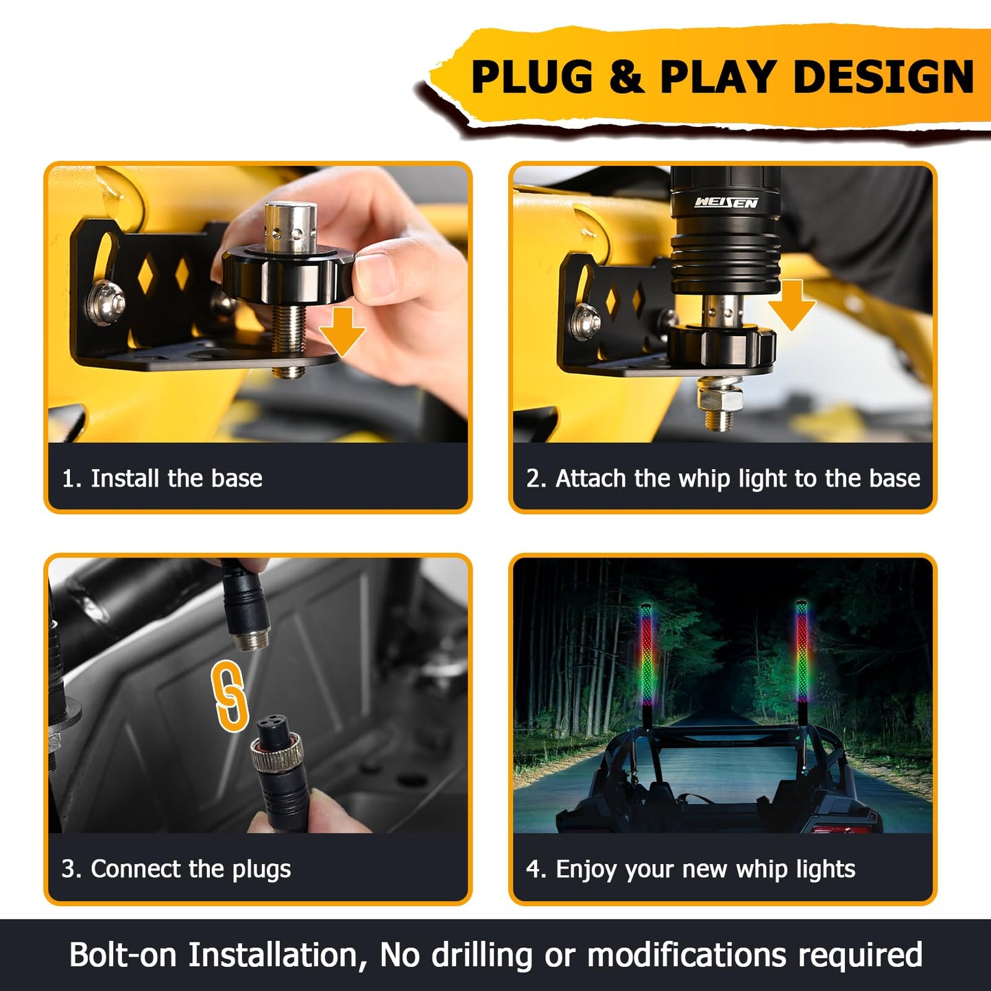 WeiSen 2PCS 3FT LED Whip Light w/Brake Turn Reverse Lights, RGB LED Antenna Spiral Light w/Plug & Play Adapter Compatible with Polaris RZR Maverick X3 UTV ATV Golf Cart Truck