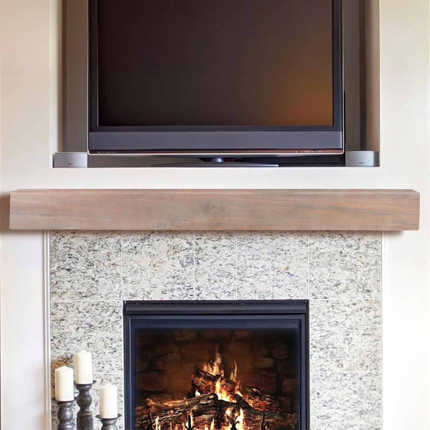 MANTELSDIRECT 48 Inch Floating Fireplace Mantel Wood Shelf in White Wash - Austin from Mantels Direct | Wooden Rustic Wall Shelf Perfect for Décor and Electric Fireplaces