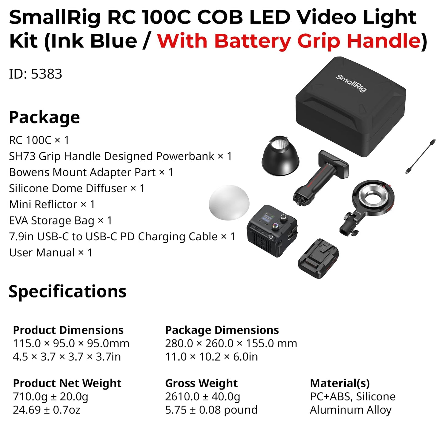 SmallRig RC 100C RGBWW LED Video Light, App Control, 100W Mini COB Continuous Output Lighting, Handheld Spotlight 2700-10000K/CRI 96+/TLCI 98+/12 Effects, 11000Lux/1m, with Battery Grip Handle, 5383