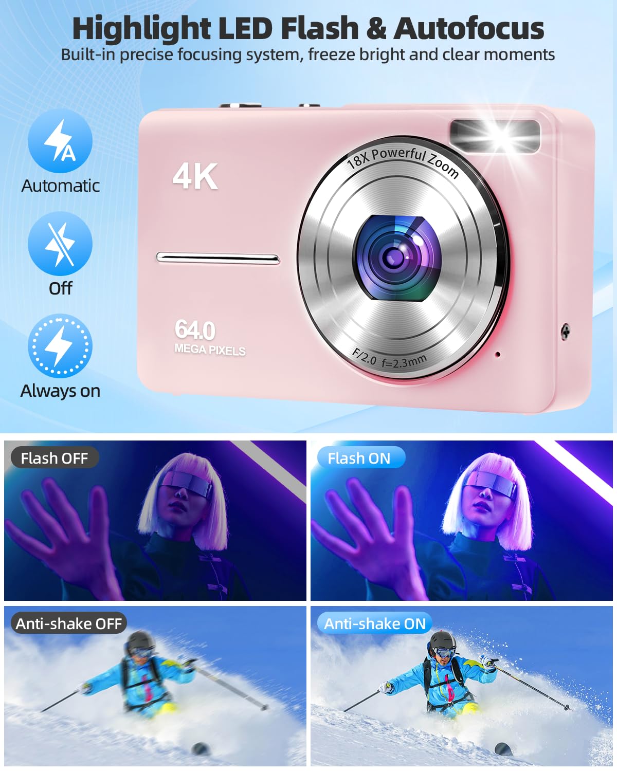4K Digital Camera for Photography, Autofocus 64MP Vlogging Camera, 32GB TF Card, 2.8'' LED Screen, 18X Zoom, Anti-Shake, Portable YouTube Point and Shoot Digital Cameras for Kids Teens Adult Beginner