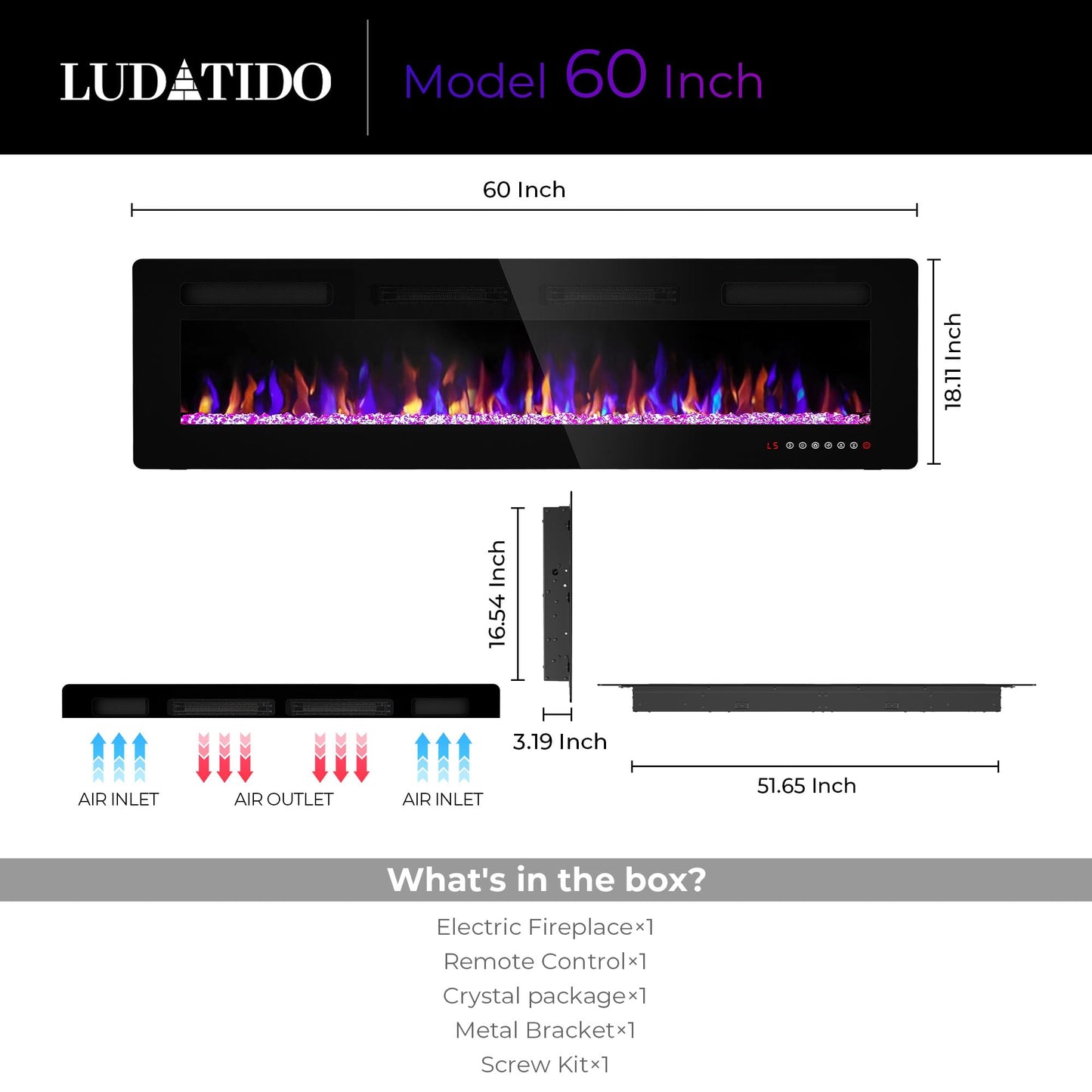 Ludatido 60 Inch Electric Fireplace Wall Mounted/Recessed, 3.2 Inch Ultra Thin Electric Fireplace Insert With1500W Heater, Multicolor Flame with Timer/Speed/Touch Screen/Remote Control