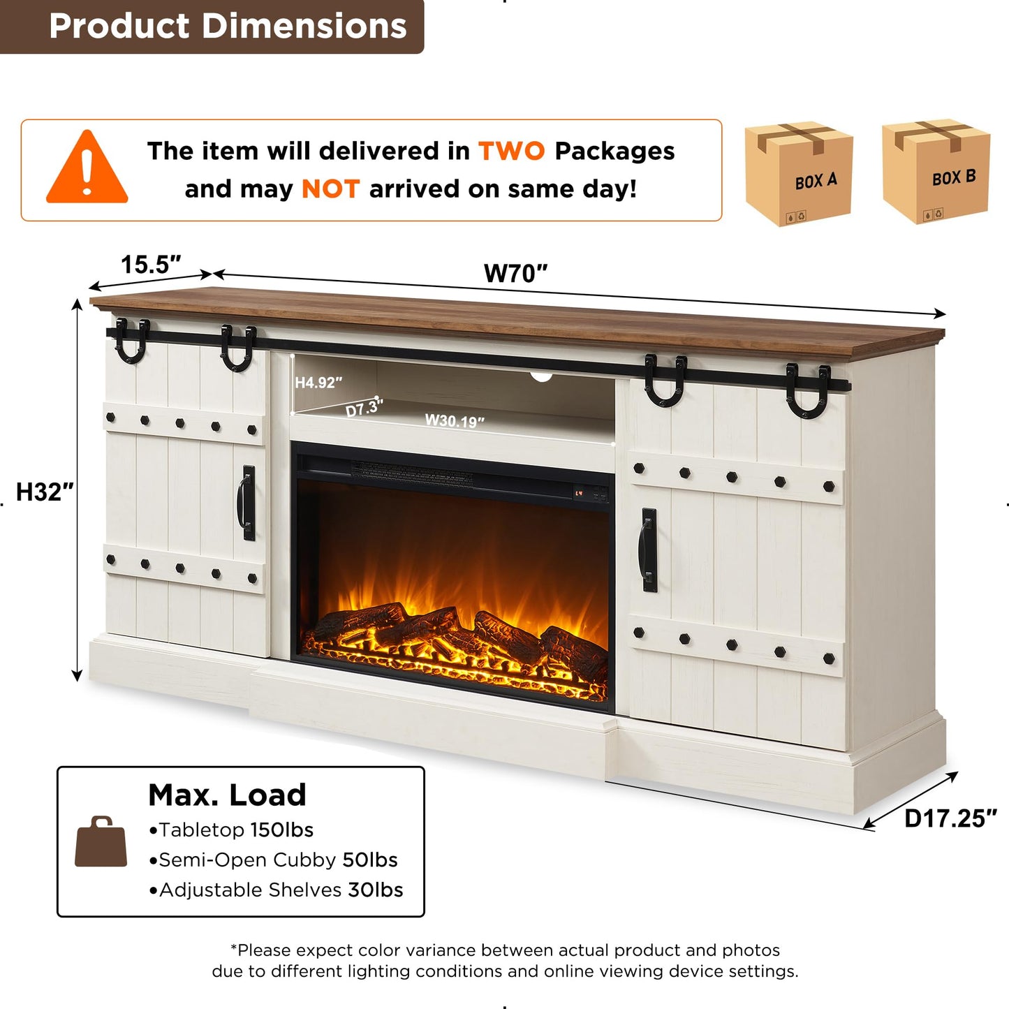 OKD Fireplace TV Stand for 75 80 Inch TV, Farmhouse Entertainment Center with Sliding Barn Doors, Rustic Media Console Table with Storage Cabinets for Living Room, Antique White