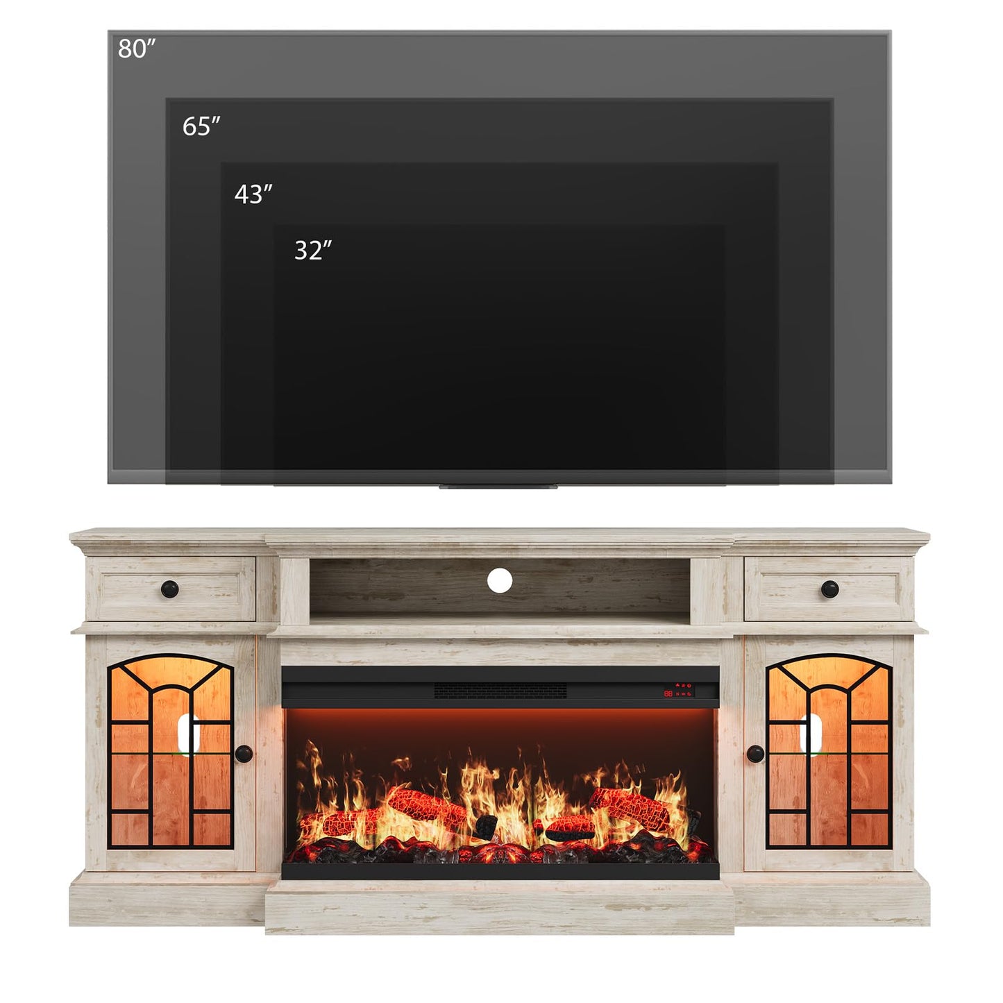 QUW 70" Farmhouse Fireplace TV Stand for TVs up to 80", Entertainment Center with 36" 3-Side Glass Electric Fireplace with Open Shelf and Cabinet, TV Console for Living Room, Antique Brush Grey