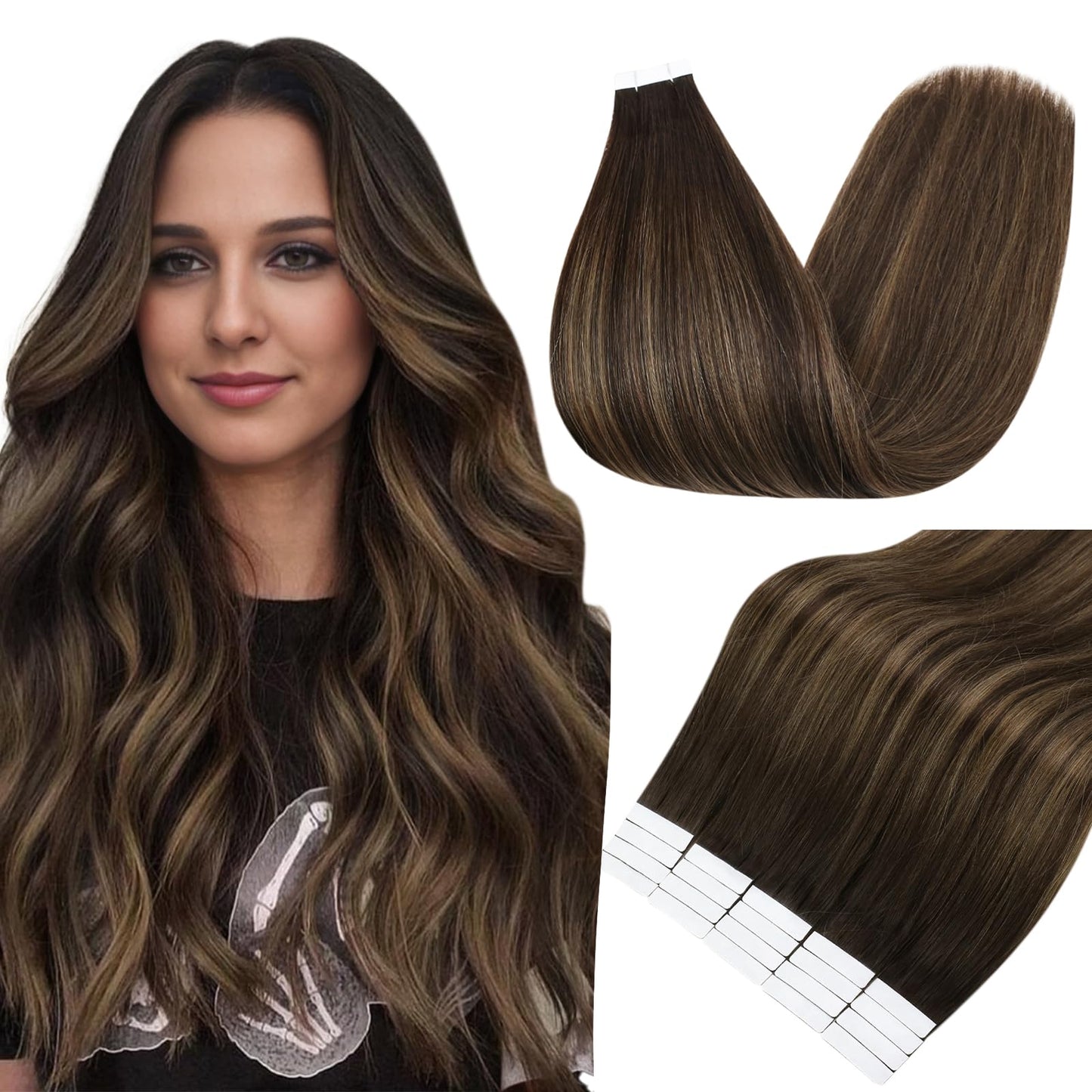 Full Shine Tape in Hair Extensions 30g 12 Inch Double Sided Tape in Extensions Color 2 Fading to 8 Ash Brown Highlight 2 Darkest Brown Balayage Straight Remy Hair Extensions Tape Ins 20PCS for Women