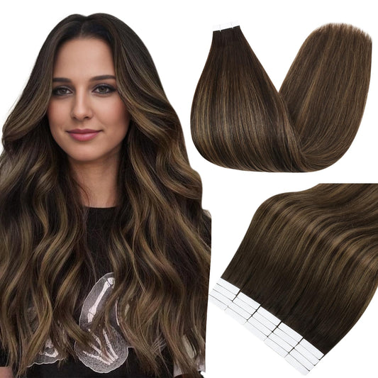 Full Shine Tape in Hair Extensions 30g 12 Inch Double Sided Tape in Extensions Color 2 Fading to 8 Ash Brown Highlight 2 Darkest Brown Balayage Straight Remy Hair Extensions Tape Ins 20PCS for Women