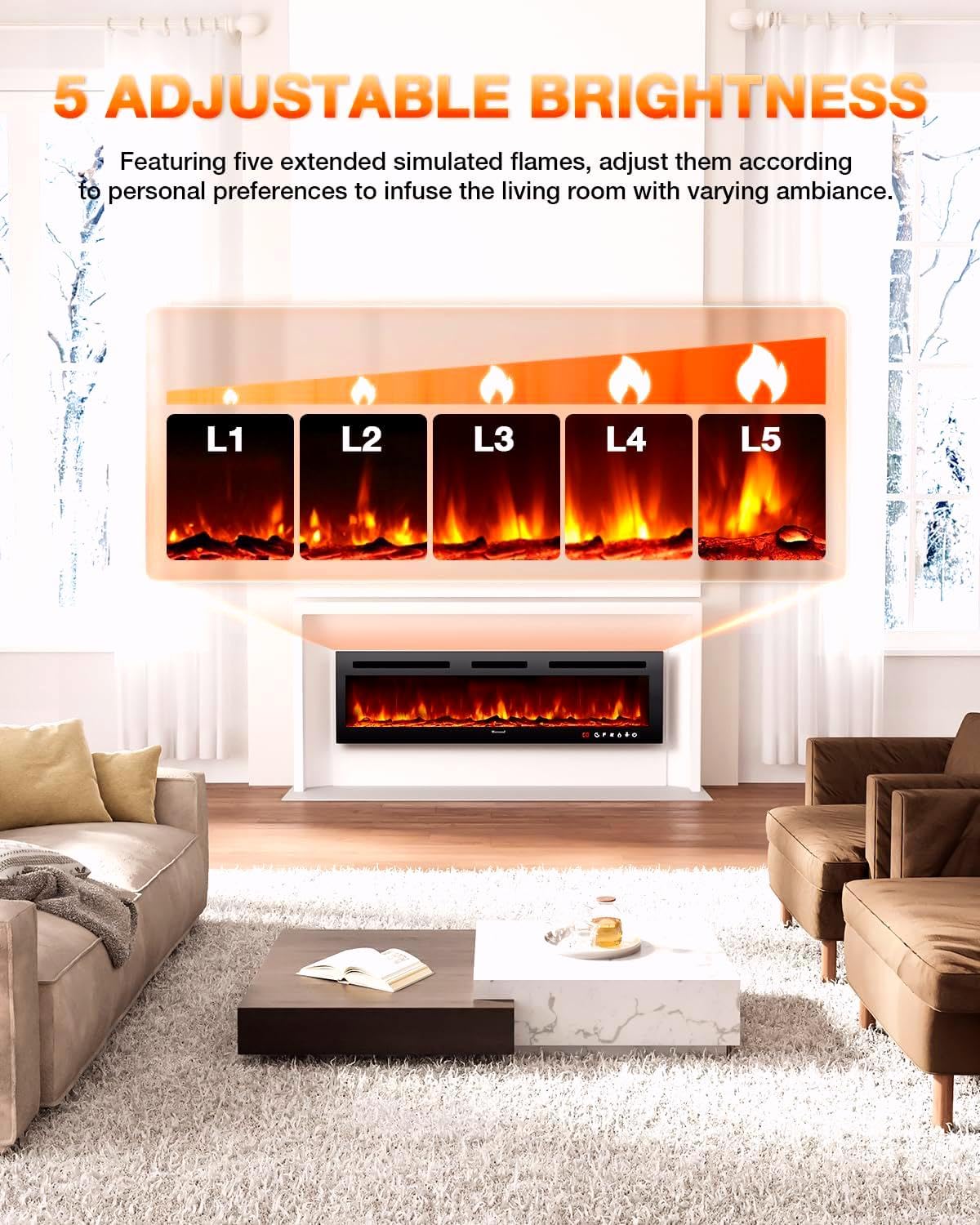 VISVEIL Electric Fireplace 60Inch,Wall Mounted Electric Fireplace Heater with Timer Inserts，TV Stand Touch Screen and Realistic Flame,Log Set,Crystal Flames 750 to 1500W，Remote for Living Room