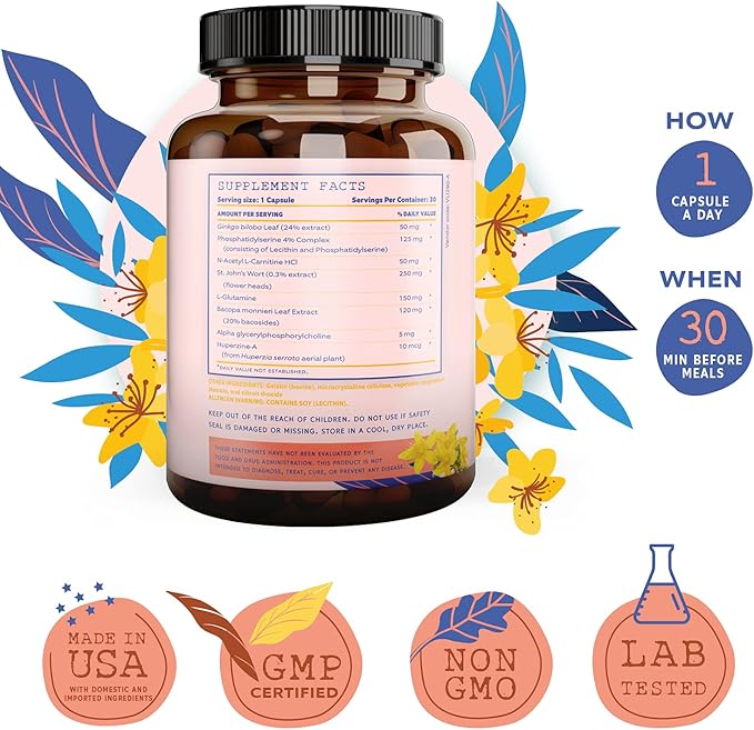 Brain Booster Gingko Biloba Supplement - Nootropics for Mind, Focus, Memory, Clarity with Bacopa Monnieri, St. Johns Wort - 30 Brain Food Capsules