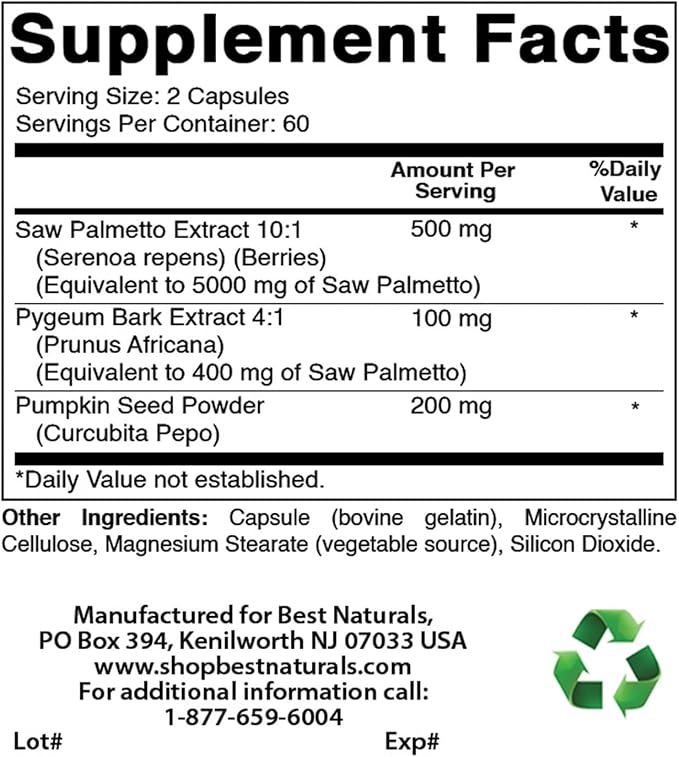 Best Naturals Saw Palmetto 10:1 Extract Prostate Supplements for Men - 120 Capsules - Made with Pygeum Bark 4:1 Extract & Pumpkin Seed Powder
